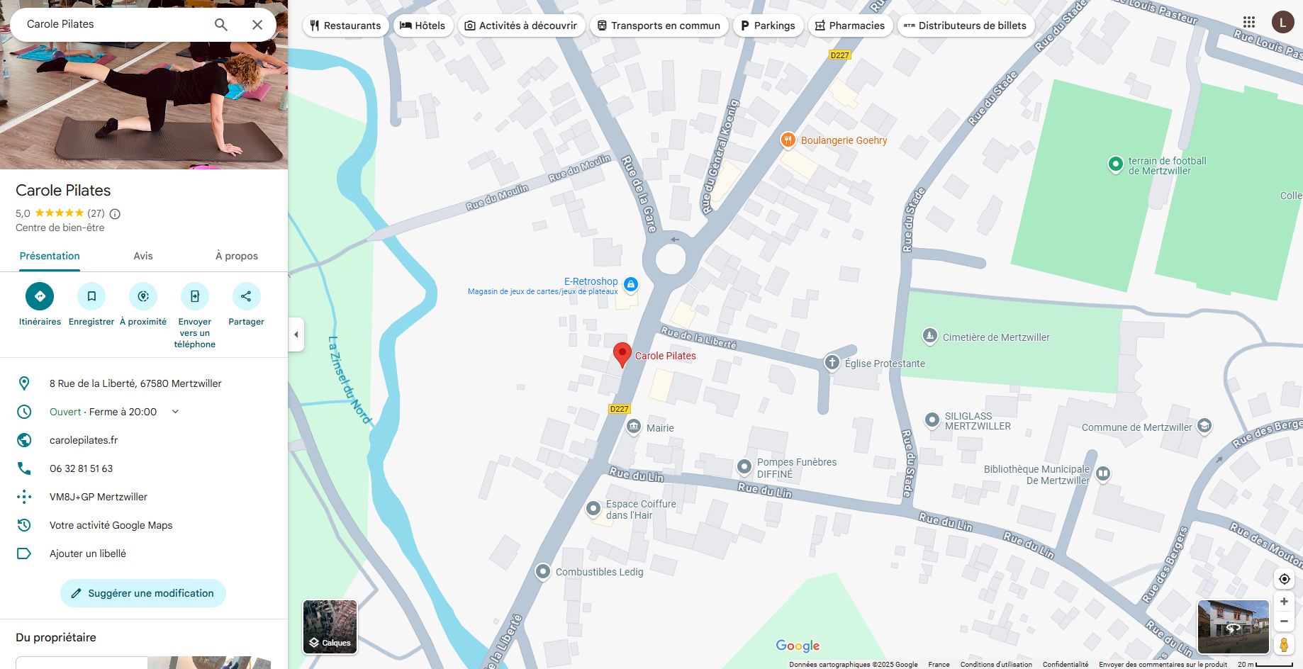 Localisation du studio Carole Pilates sur Google Maps